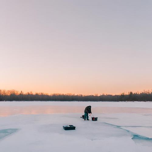 Man ice fishing on a partially frozen lake at sunset