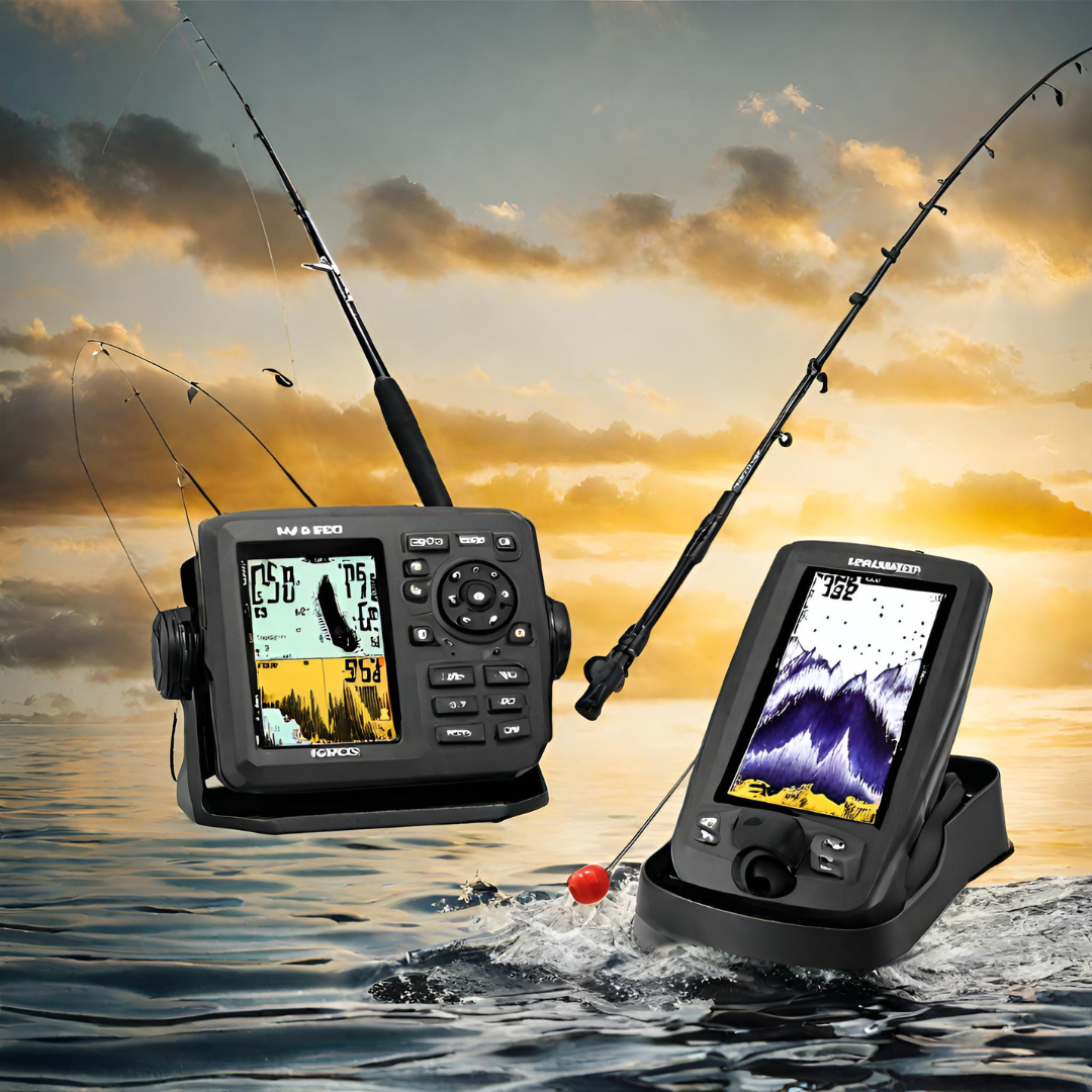 Image of fishing electronics and fishing poles over water at sunset