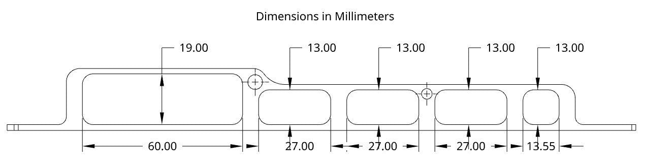 Dimensional drawing showing the opening measurements in millimeters