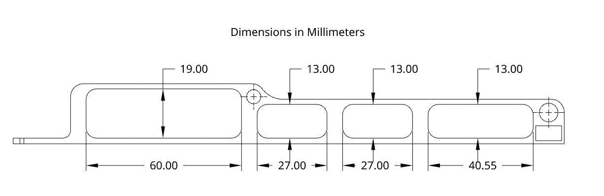 Dimensional drawing of the openings in the tool holder in millimeters