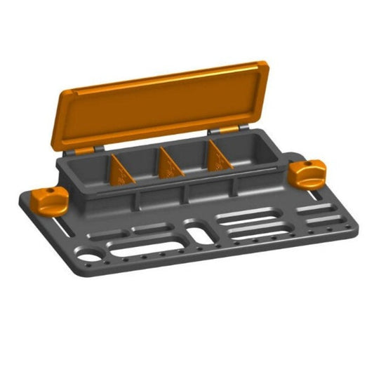 Image of the rail mount tool holder design rendering.  Caption reads "t-bolts not included - see description